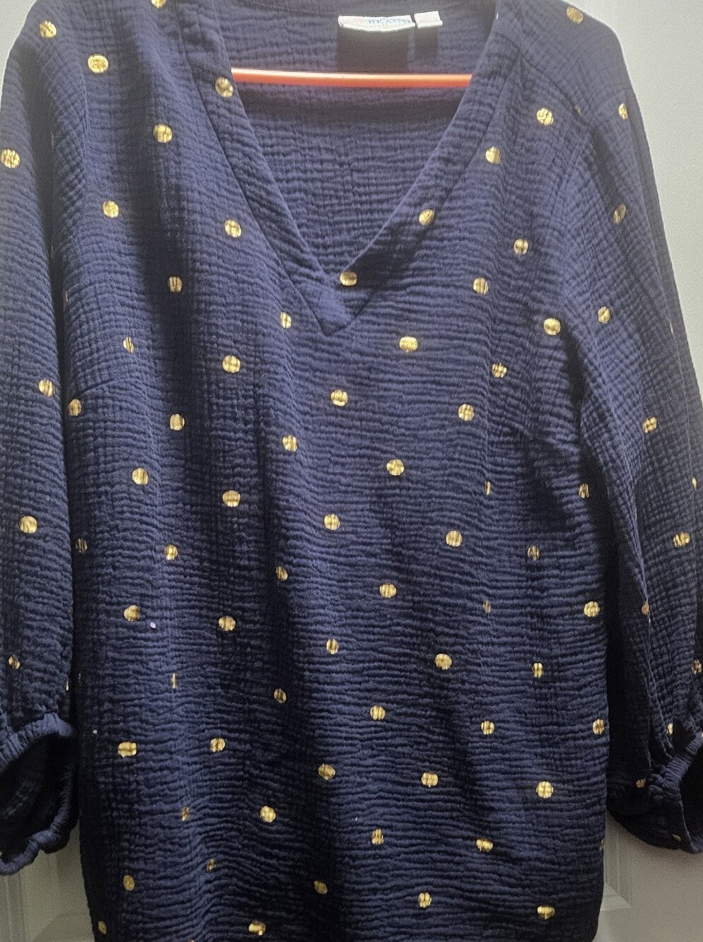Belle Beach By Kim Gravel Navy Linen Top With Gold Polka Dots